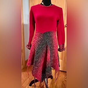 Vtg 70s Handmade Crochet Knit Dress Red Black Gray Boho Handkerchief Hem Size M
